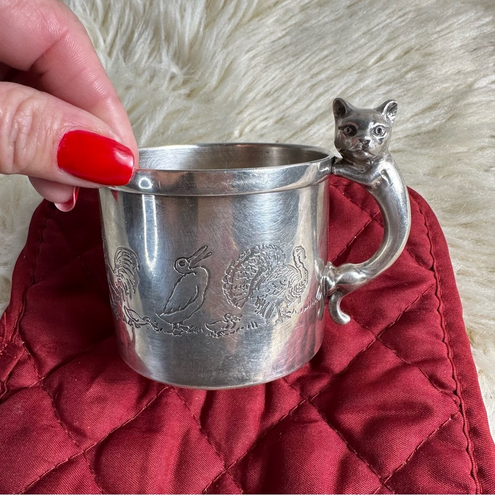 Silver vintage Mug with Cat Handle for kids